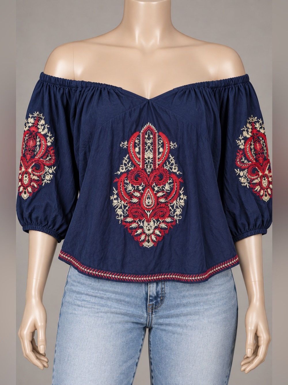 Luna Moon Y2K Boho Embroidered Off Shoulder Blouse Navy L